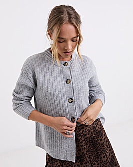 Cosy Yarn Grey Marl Crew Neck Ribbed Cardigan