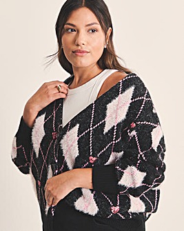 Sequin Heart Fluffy Argyle Boyfriend Cardigan