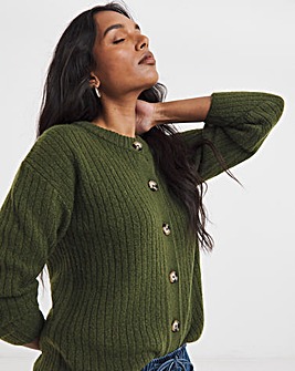 Cosy Yarn Khaki Crew Neck Ribbed Cardigan