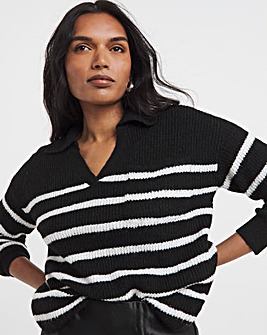Cosy Yarn Black & Ivory Stripe V-Neck Collared Jumper
