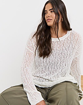 Ivory Hole Knit Crew Neck Long Sleeve Top