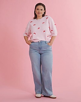 Pink Embroidered Bow Knitted Half Sleeve Jumper