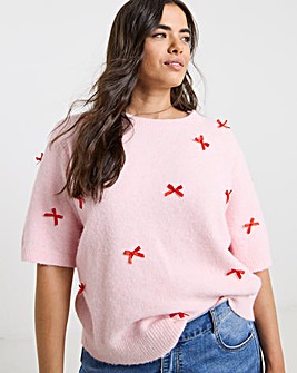Pink Embroidered Bow Knitted T-Shirt