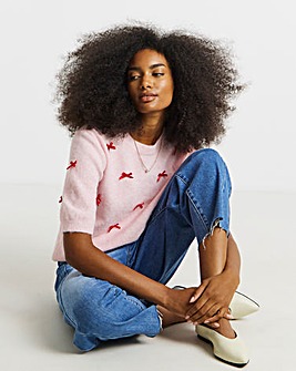 Simply Be Pink Embroidered Bow Knitted Half Sleeve Jumper