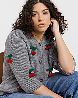 Grey Short Sleeve Cherry Applique Cardigan