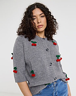 Simply Be Grey Short Sleeve Cherry Applique Cardigan