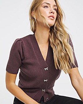 Burgundy Bow Button Short Sleeve Cardigan