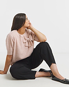Pink Puff Sleeve Bow Applique Knitted Top