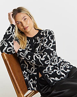 Black Bow Print Fluffy Crew Neck Cardigan