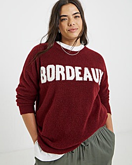 Burgundy Slogan Knitted Crew Neck Jumper