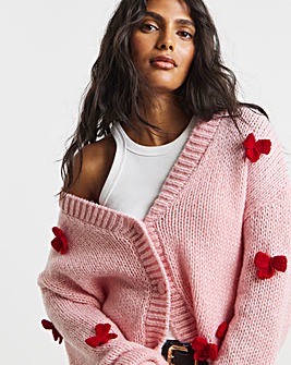 Pink Chunky Knit 3D Bow Cardigan