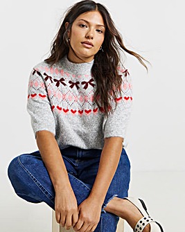 Grey Fairisle Short Sleeve Knitted Jumper