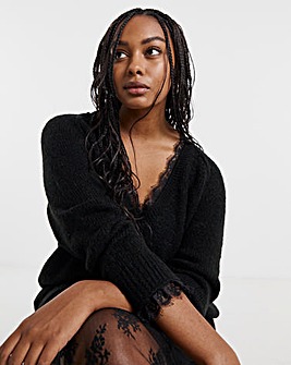 Black Lace Trim V Neck Tunic