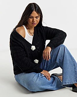 Simply Be Black Pointelle Flower Button Cardigan