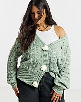 Simply Be Sage Pointelle Flower Button Cardigan