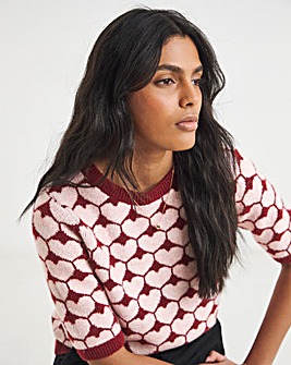 Simply Be Red and Pink Heart Print Knitted T-Shirt