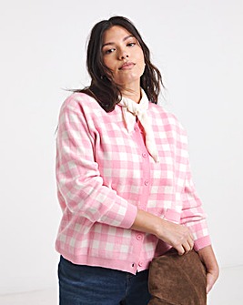 Pink Check Gingham Crew Neck Cardigan
