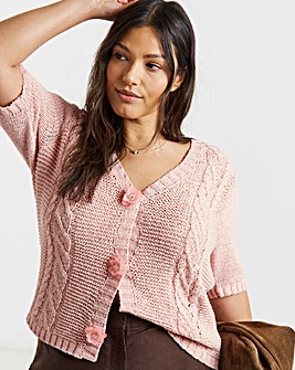 Pink Floral Button Cable Cardigan