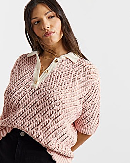 Pink Frill Hem Crochet Polo Top