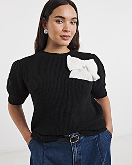 Simply Snug Black/Ivory Puff Sleeve Bow Applique Knitted Top