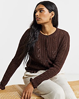 Chocolate Pointelle Crew Neck Frill Hem Cardigan