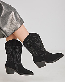 Daytona Punch Detail Suede Western Boots Extra Wide EEE Fit Super Curvy Calf