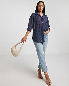 Navy Relaxed Dip Back Georgette Dobby Shirt