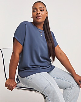 Indigo Dip Back Boxy Top With Roll Sleeve