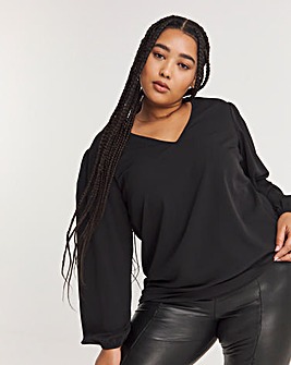 Black Longline V Neck Long Sleeve Boxy Top