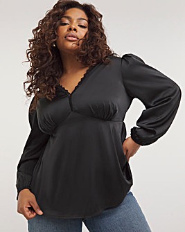 Black Lace Trim Satin Blouse