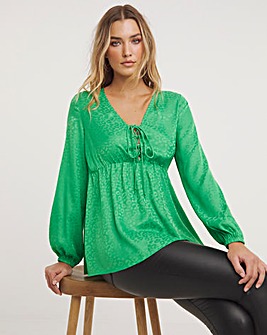 Green Leopard Satin Jacquard Tie Front Long Sleeve Blouse