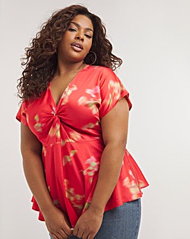 Red Floral Twist Front Satin Blouse