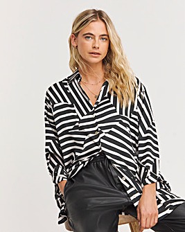 Mono Print Relaxed Fit Long Sleeve Satin Shirt