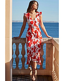 Sosandar Red & Ivory Floral Print Ruffle Hem Midi Dress