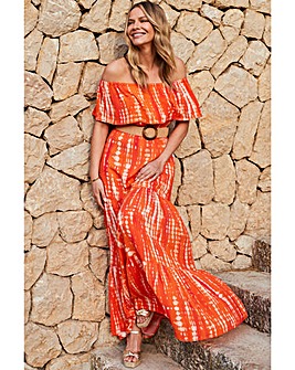 Sosandar Orange Tie Dye Tiered Hem Bardot Maxi Dress