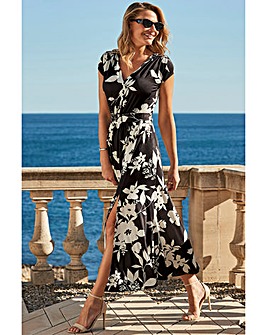 Sosandar Black Floral Print Belted Jersey Maxi Dress