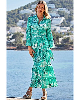 Sosandar Green Paisley Print Tiered Hem Maxi Shirt Dress