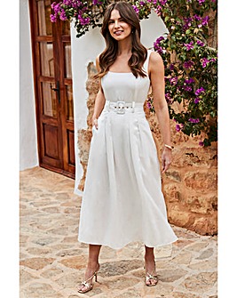 Sosandar Ivory Fit & Flare Belted Midi Dress