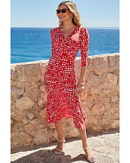 Sosandar Red Spot Print Twist Front Ruched Sleeve Fit & Flare Dress