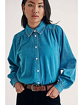 Nobody's Child Indigo Denim Andra Blouse with White Stich Collar