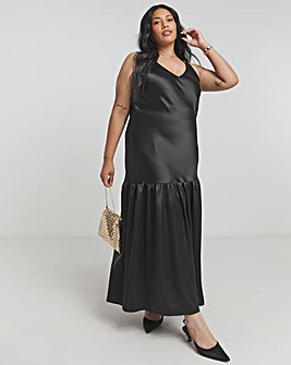 Flounce London Black Glossy Satin Maxi Dress