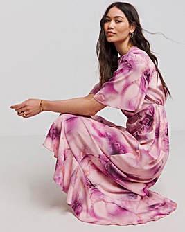 Flounce London Pink Crepe Marble Print Wrap Maxi Dress