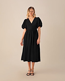 Ro&Zo Black Puff Sleeve V Neck Midi Dress