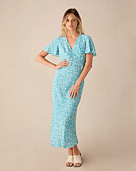 Ro&Zo Blue Ditsy Print Puff Sleeve Midi Dress