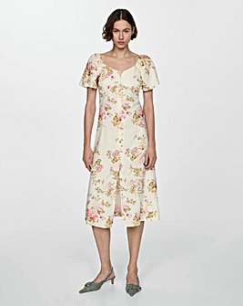 Mango Buttoned Floral Print Linen Blend Midi Dress