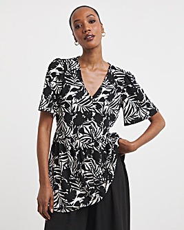 Angel Sleeve V Neck Button front Printed Longline Top