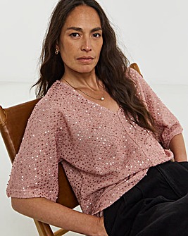 Textured Sequin V-Neck Short Sleeve Top
