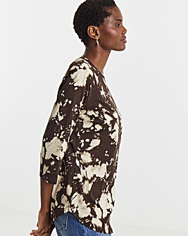 Brown Print Longline Curved Hem 3/4 Sleeve Top