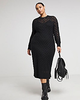 Black Pointelle Lace Midi Jumper Dress