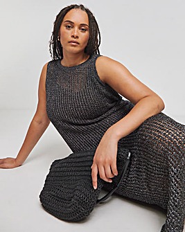 Black Metallic Hole Knit Crochet Midaxi Dress